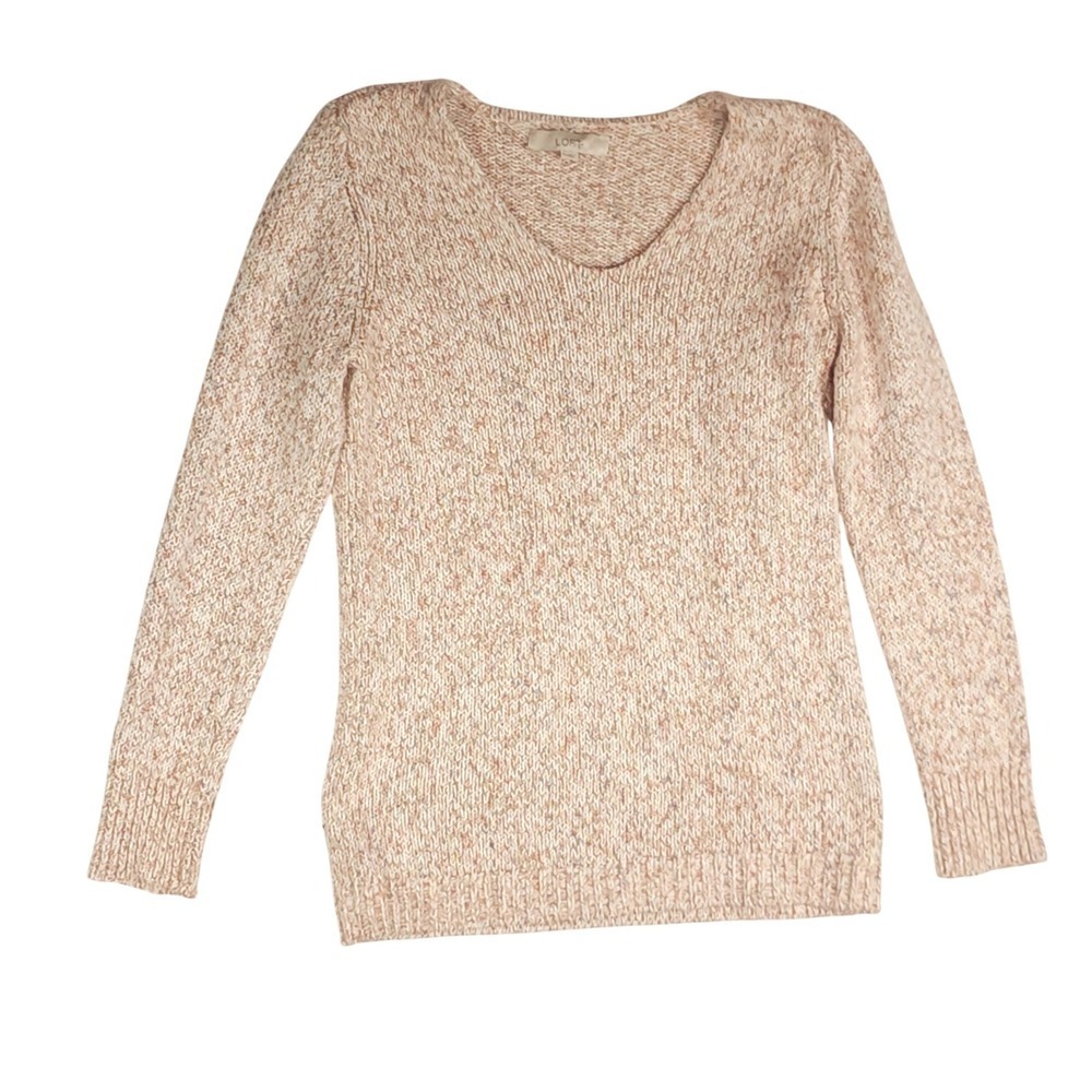 LOFT V-Neck Sweater Women M Medium‎ Pink Beige Marled Knit Cotton Blend Soft L/S